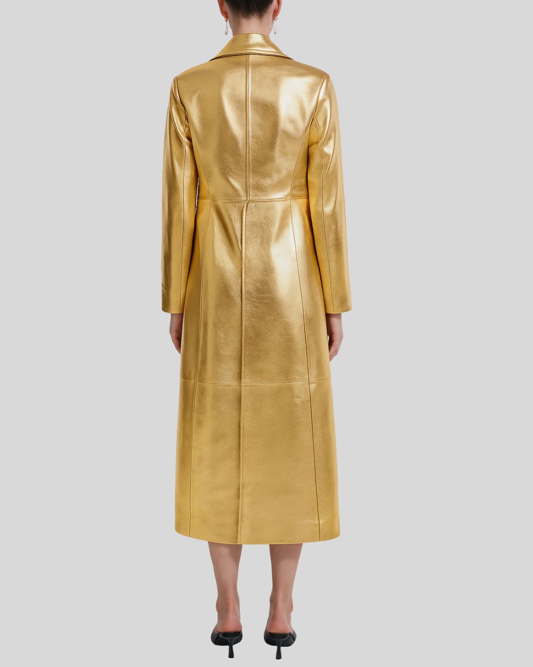 Gold metallic leather trench coat for women – full front view
