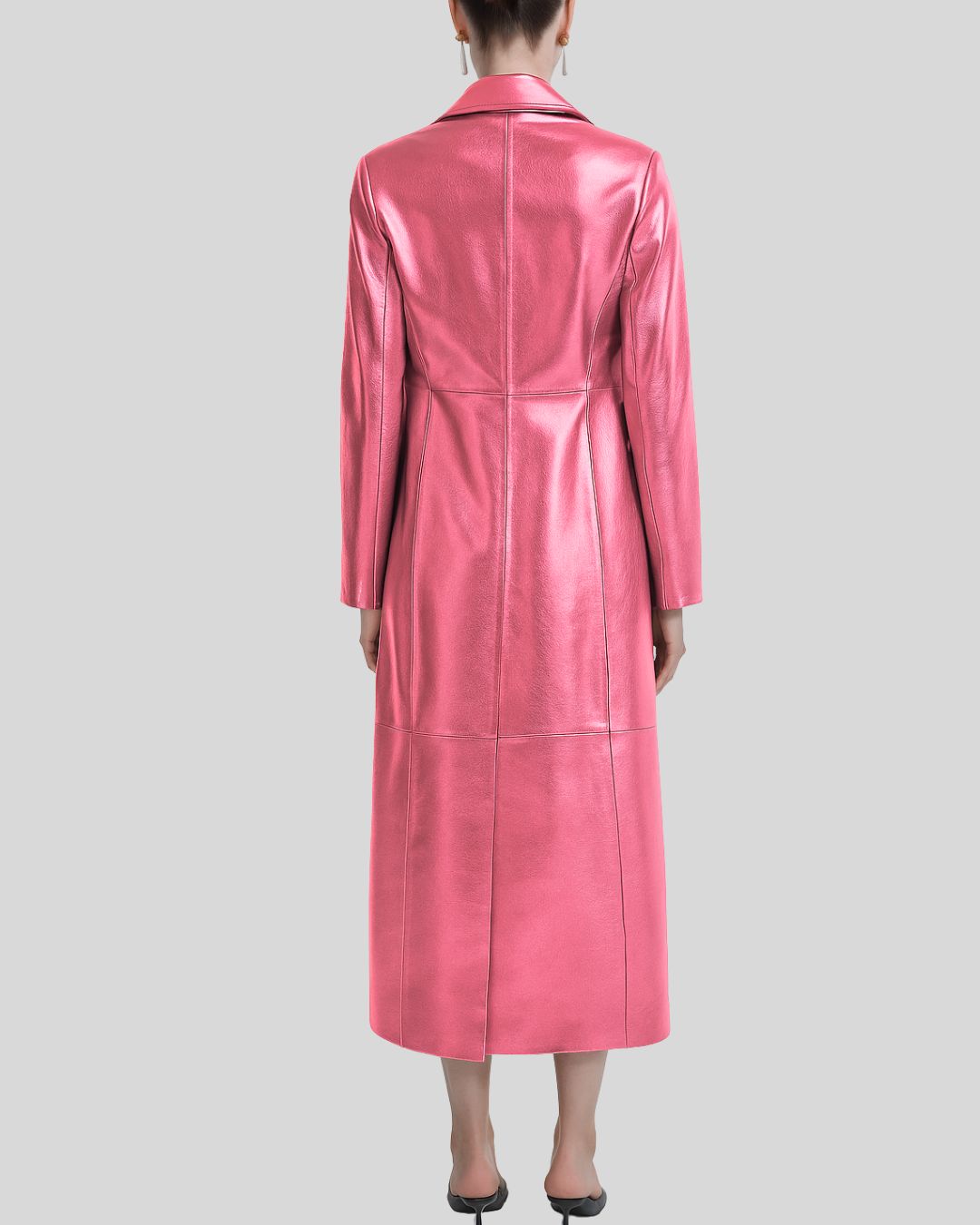 Pink metallic leather trench coat for women – full front view