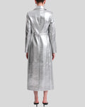 Long silver metallic leather coat – back view