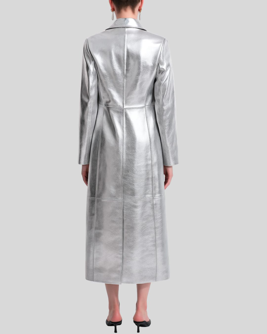 Long silver metallic leather coat – back view