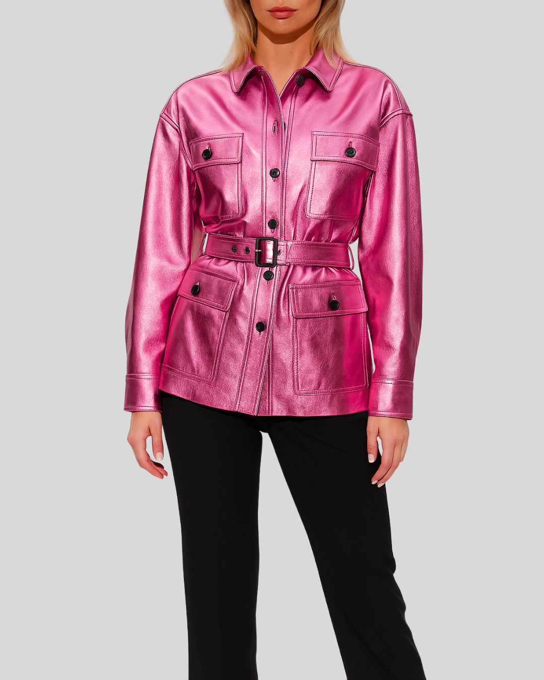 Pink metallic leather belted coat for women – front view with black buttons and waist tie