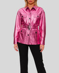 Women’s short metallic pink leather jacket – buttoned with belt