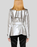 Back view of women’s metallic silver leather trench coat with belt