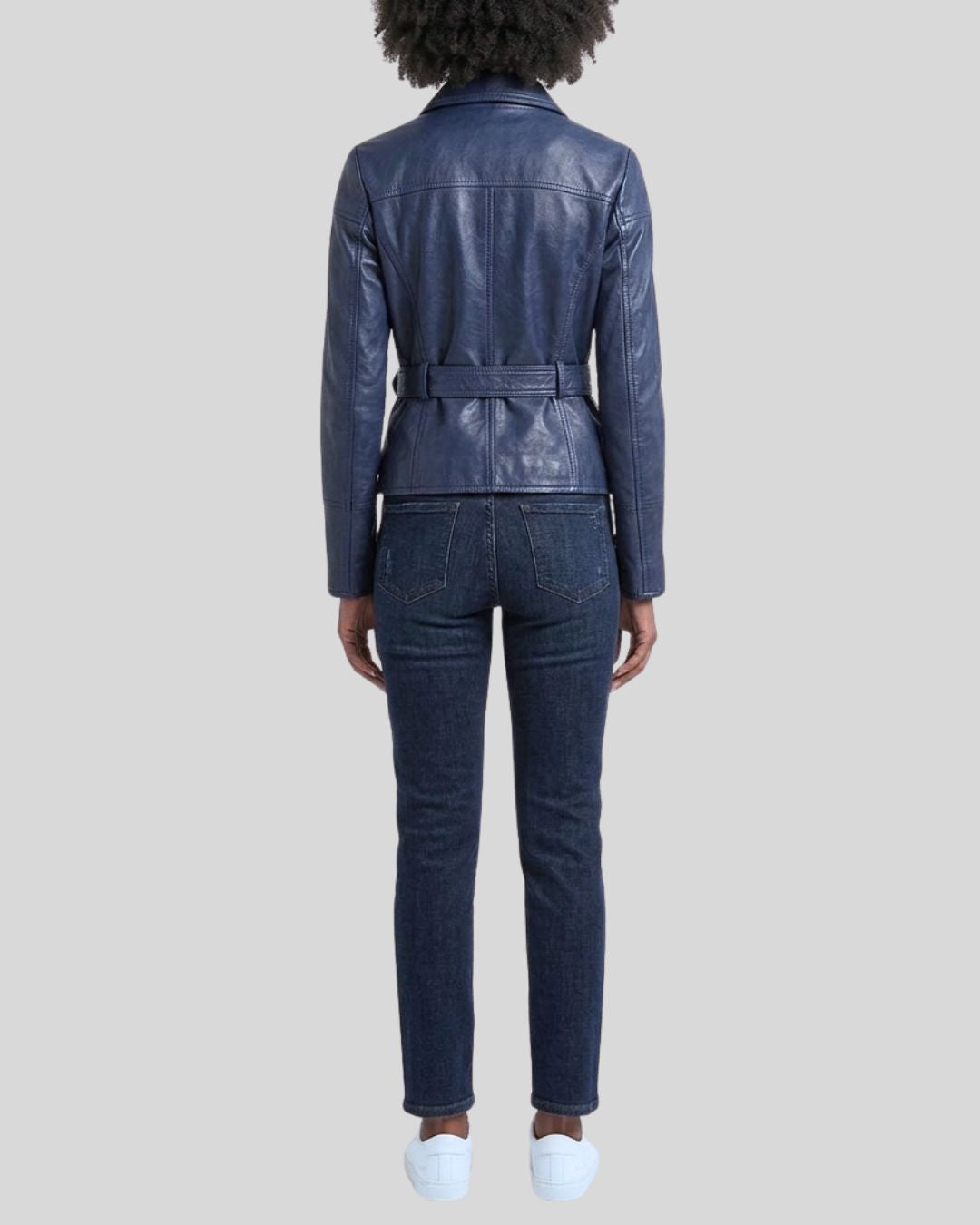 Midnight Cinch Womens Navy Belted Short Leather Jacket