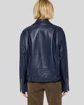 Navy blue leather biker jacket for women – back view with clean paneling and epaulets