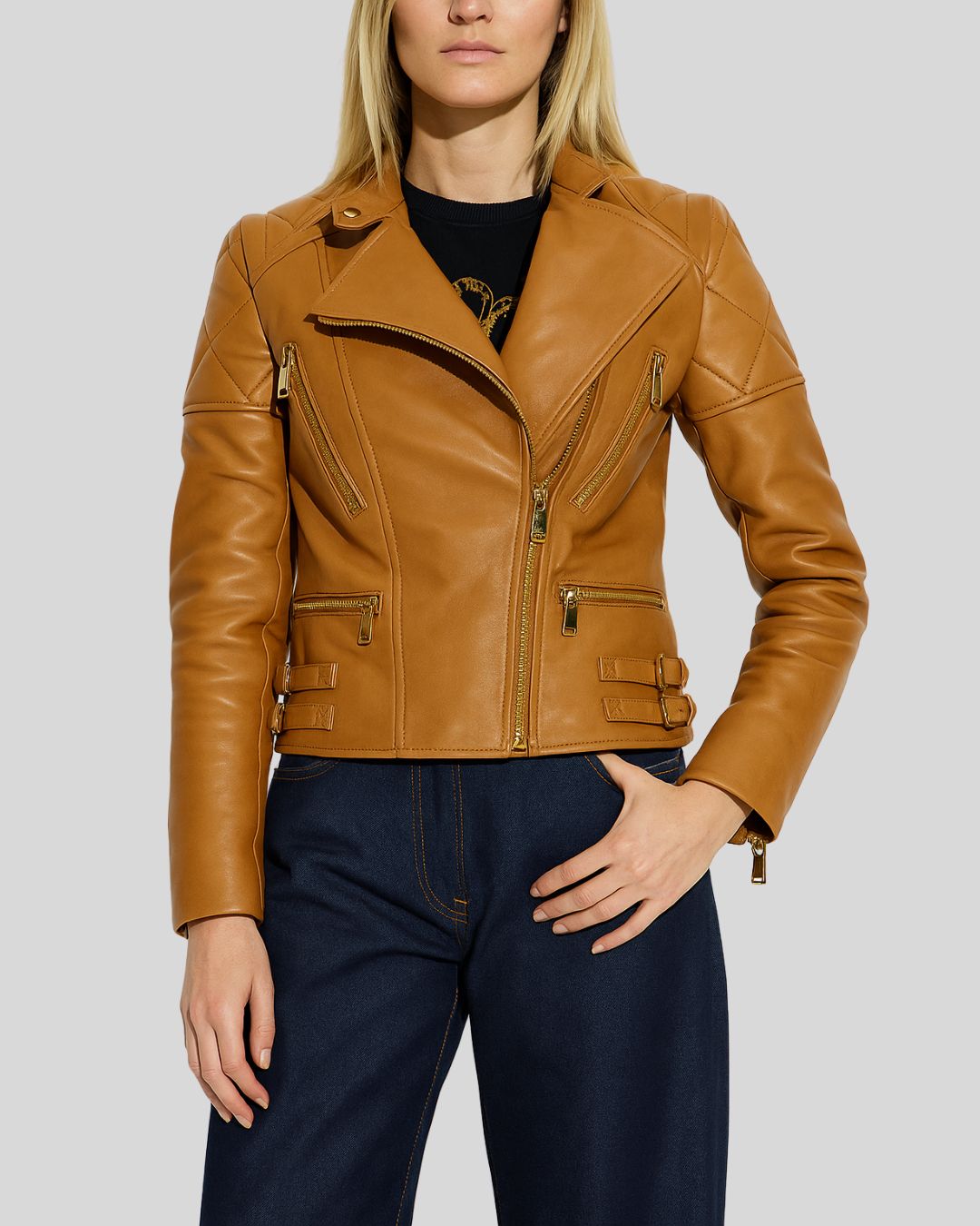 Women’s fitted brown moto leather jacket with zipped pockets – alternative front